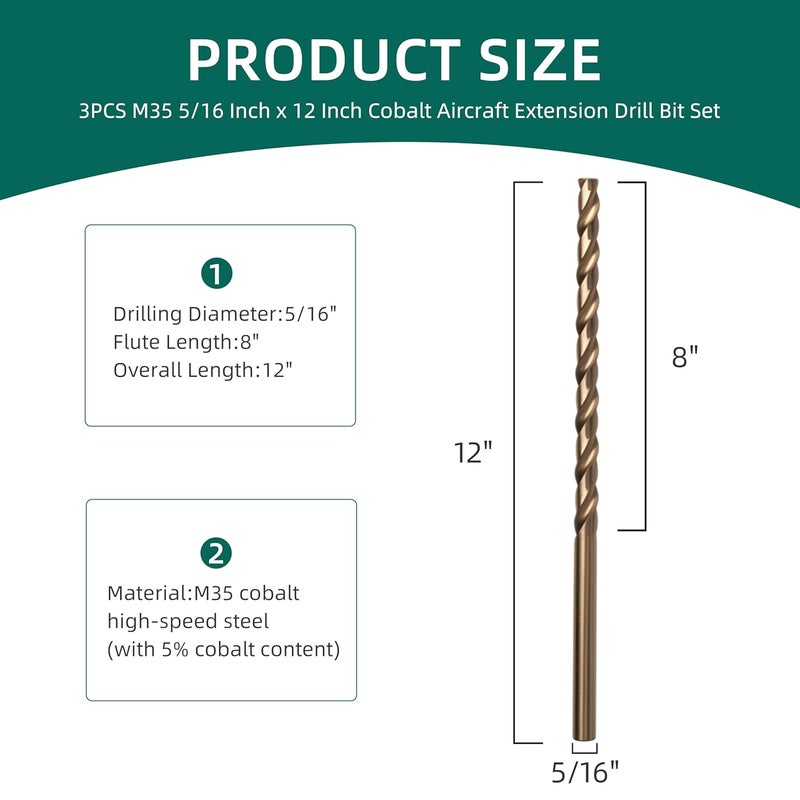 Riyhch 5/16 Inch x 12 Inch Cobalt Aircraft Extension Drill Bit Set (3PCS) M35 High Speed Steel Extra Long Drill Bits for Deep Hole Drilling for Stainless Steel, Hard Metal, Cast Iron, Wood & Plastic - Image 2
